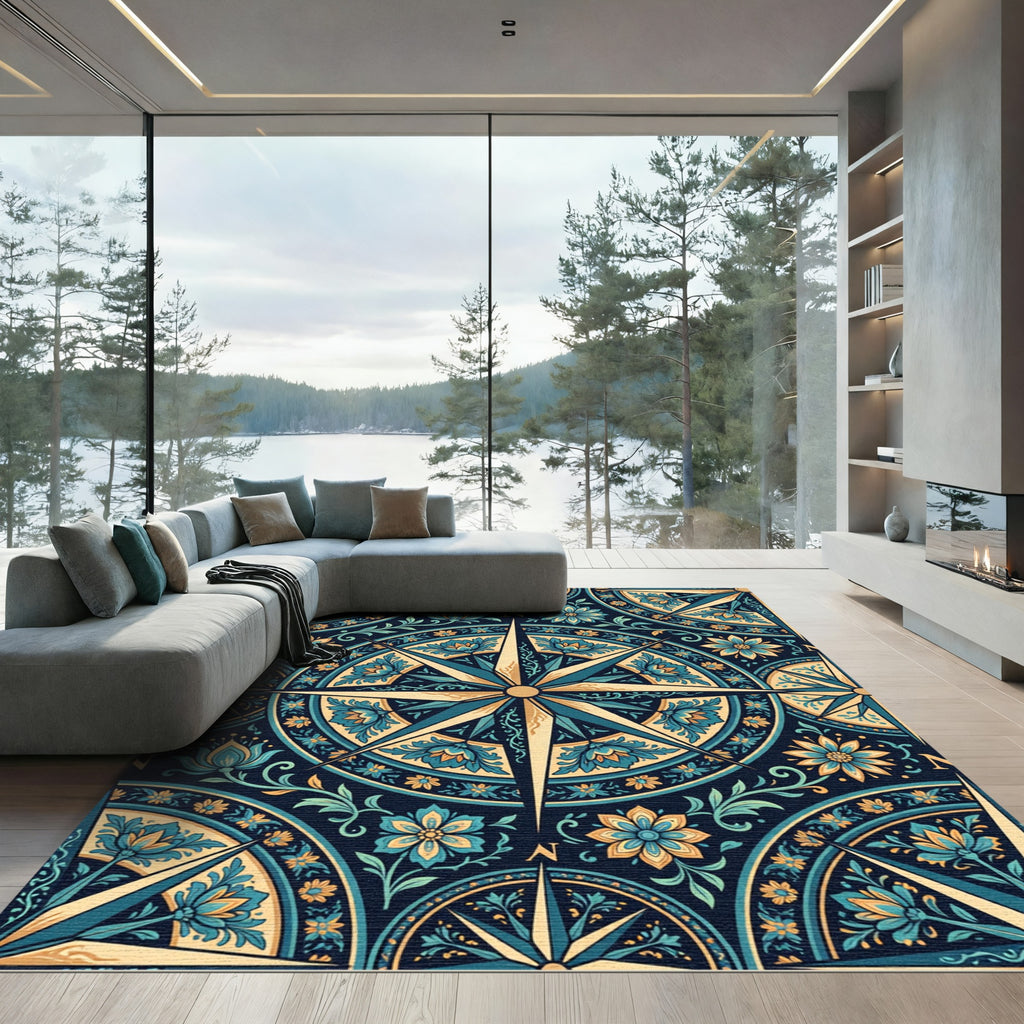 Midnight Teal Celestial Compass Floral Overlay Rug