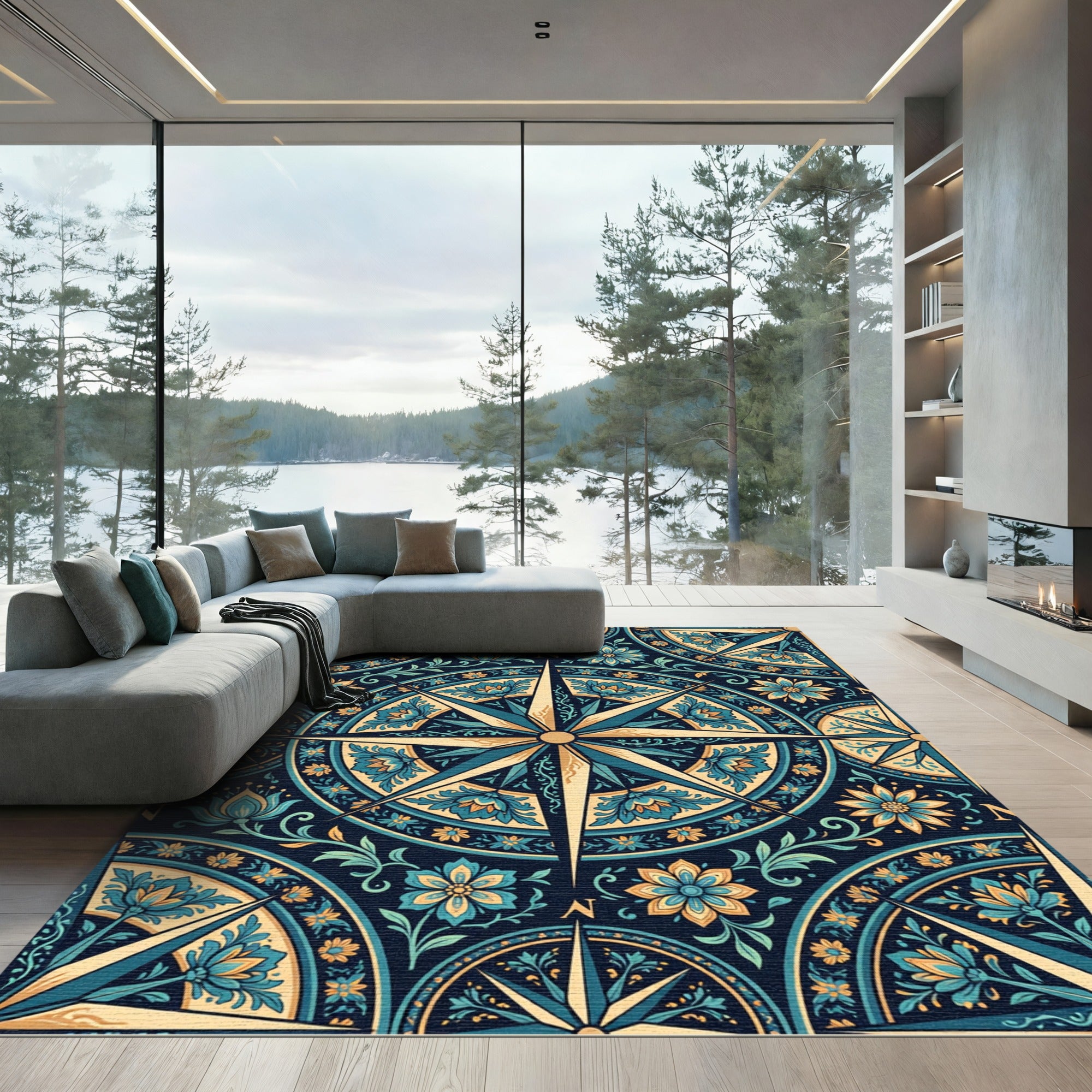 Midnight Teal Celestial Compass Floral Overlay Rug