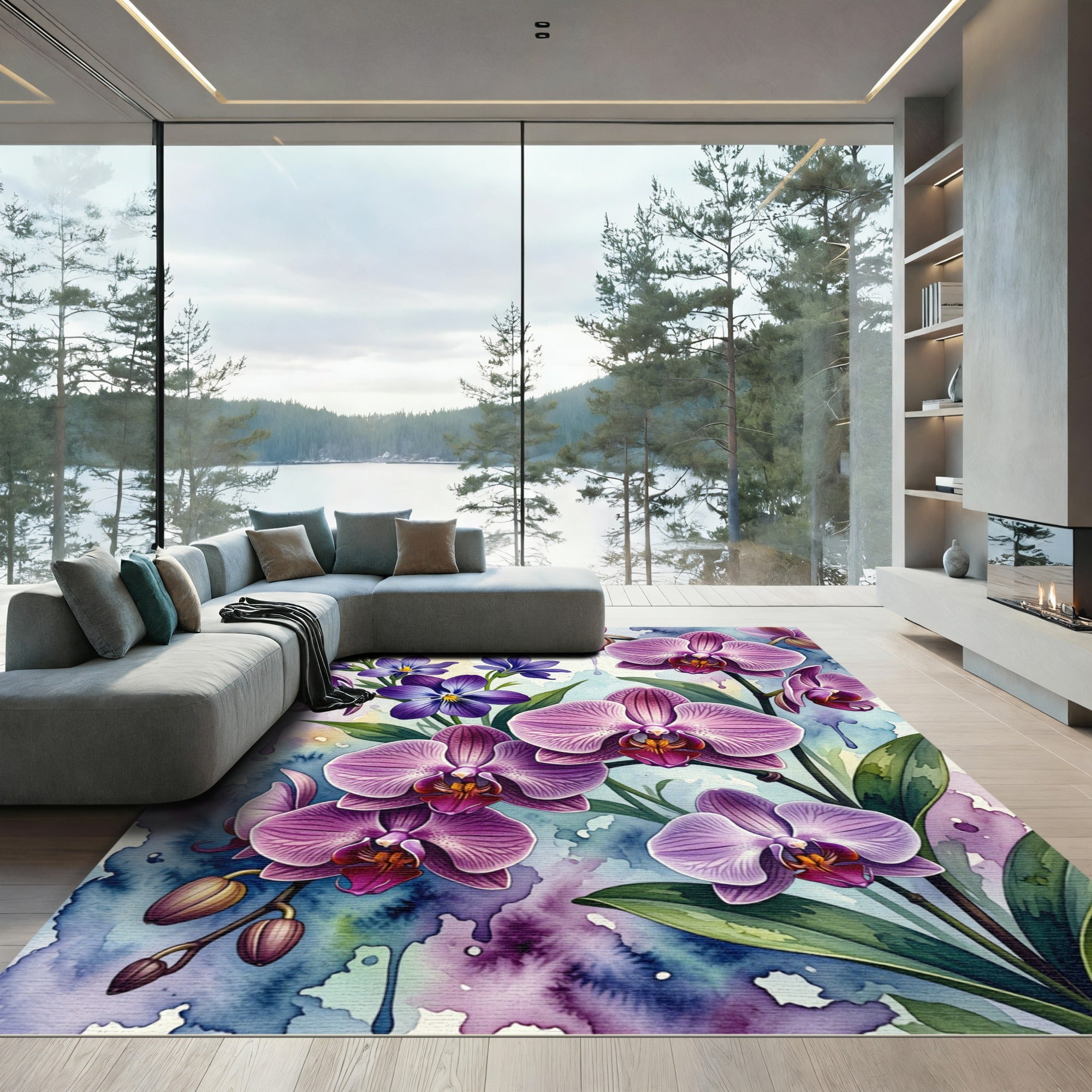 Watercolor Purple Orchid Bloom Arrangement Rug