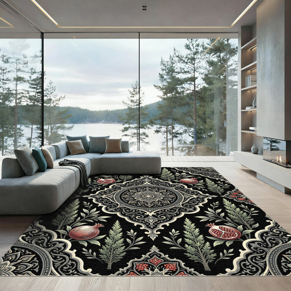 Elegant Black Pomegranate Floral Medallion Rug