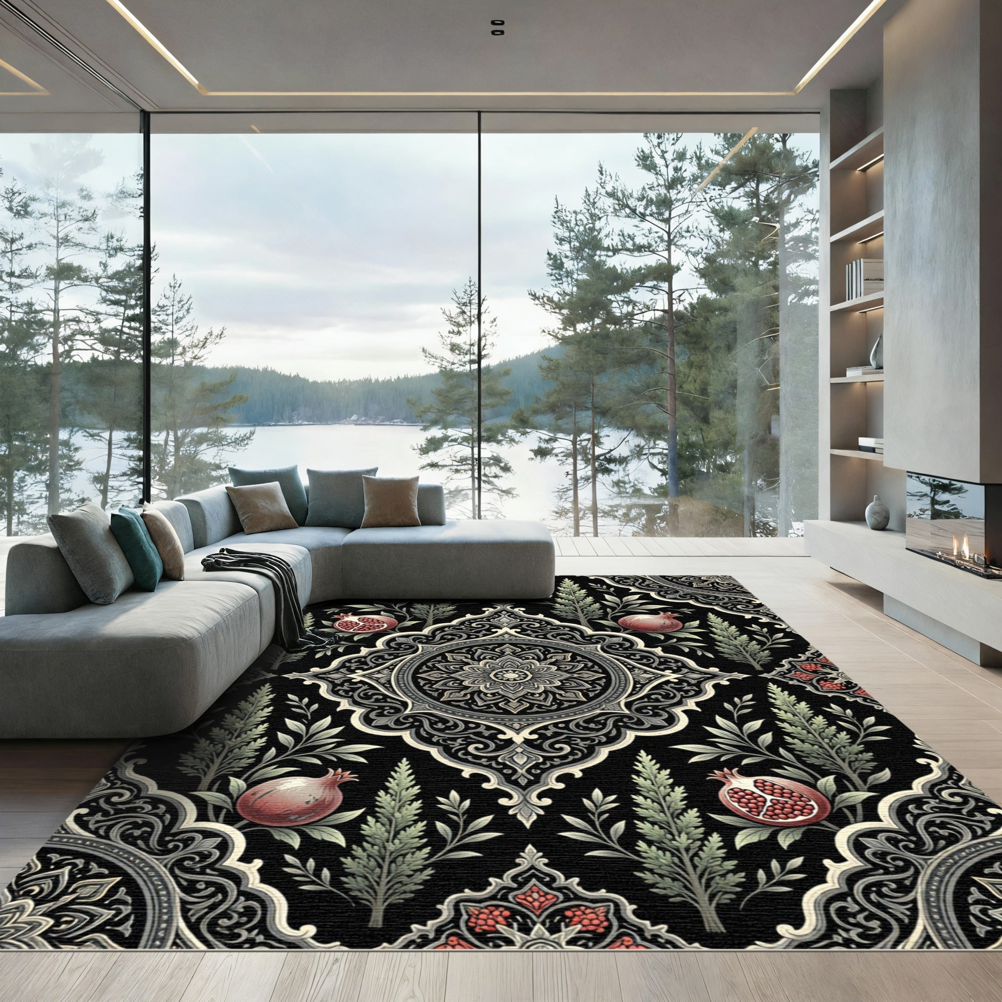 Elegant Black Pomegranate Floral Medallion Rug