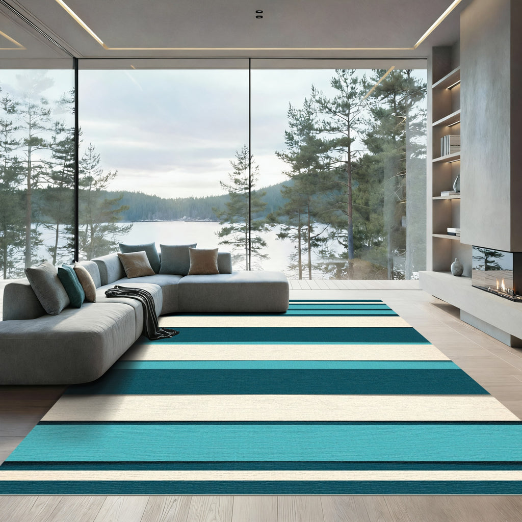 Teal Cream Horizontal Stripe Rug