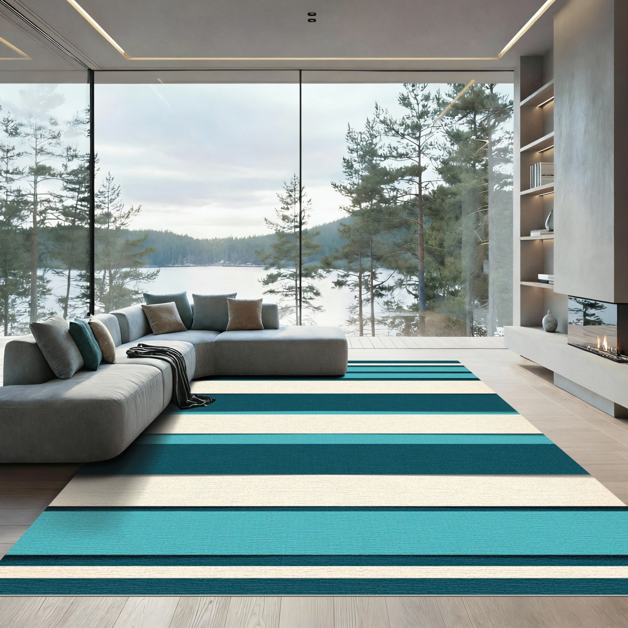 Teal Cream Horizontal Stripe Rug