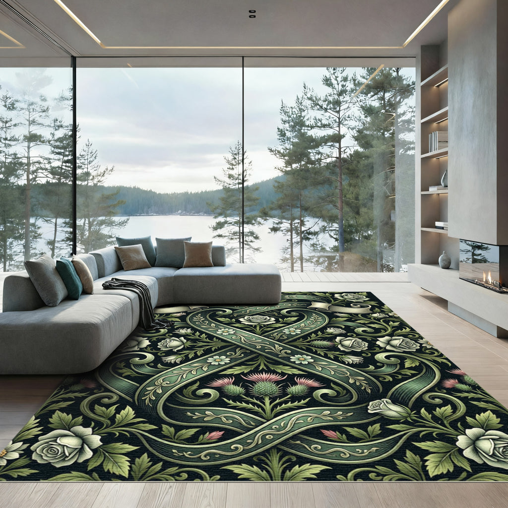 Emerald Green Floral Thistle Heart Ribbon Rug