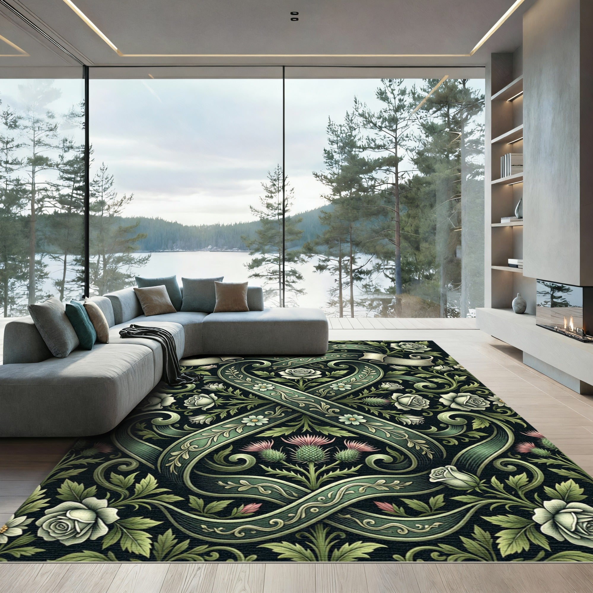 Emerald Green Floral Thistle Heart Ribbon Rug
