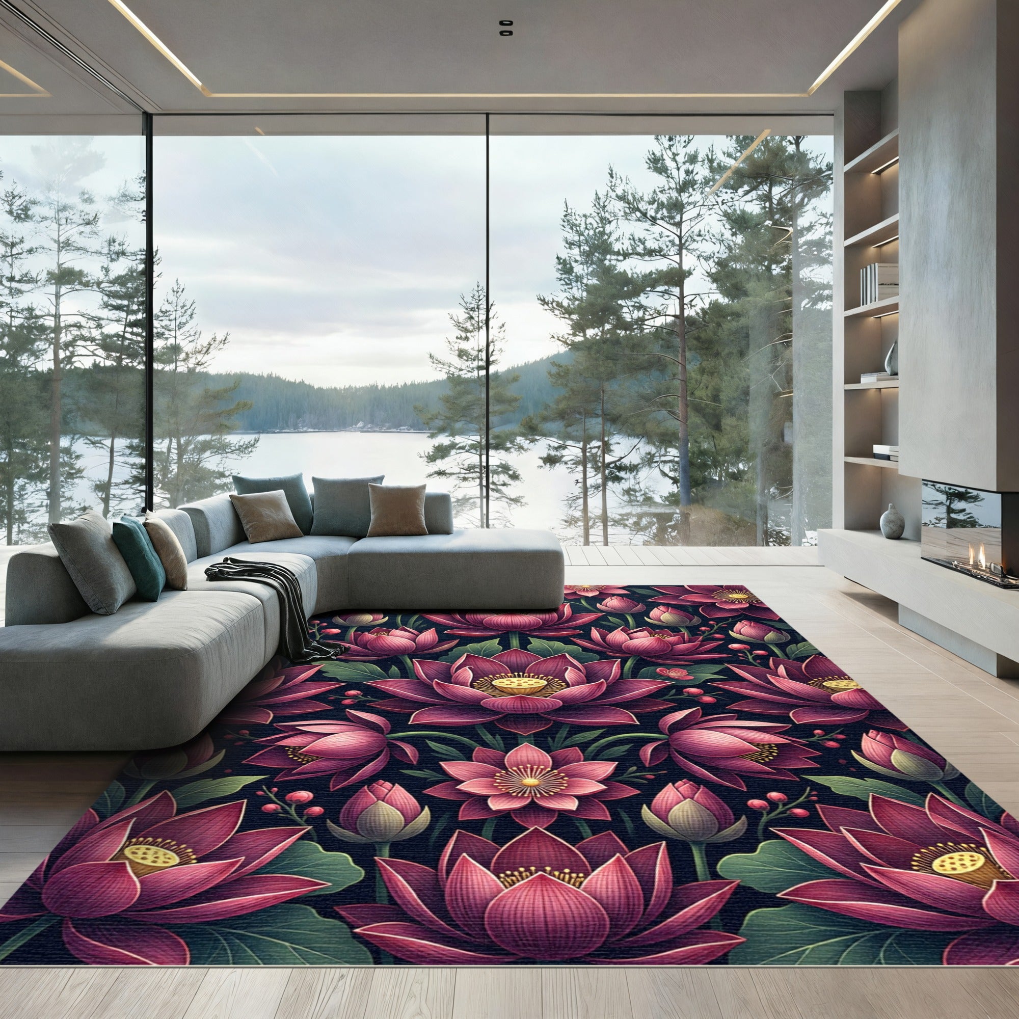 Elegant Deep Magenta Lotus Floral Rug