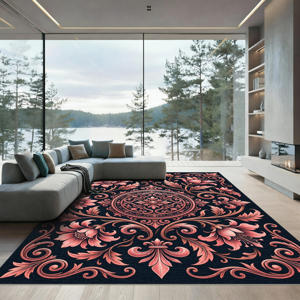 Ornate Coral Floral Scrollwork Rug