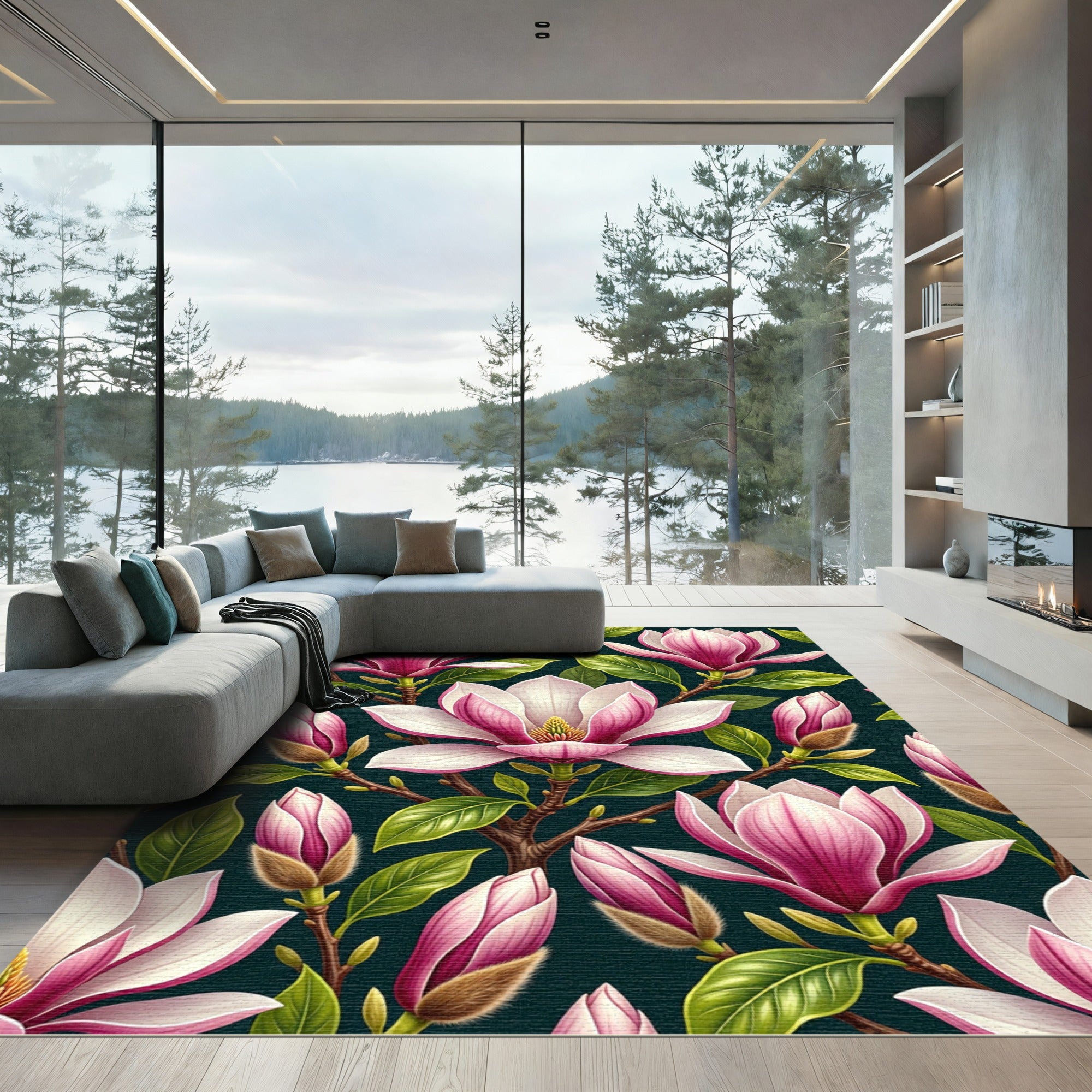 Pink White Magnolia Branch Bloom Rug
