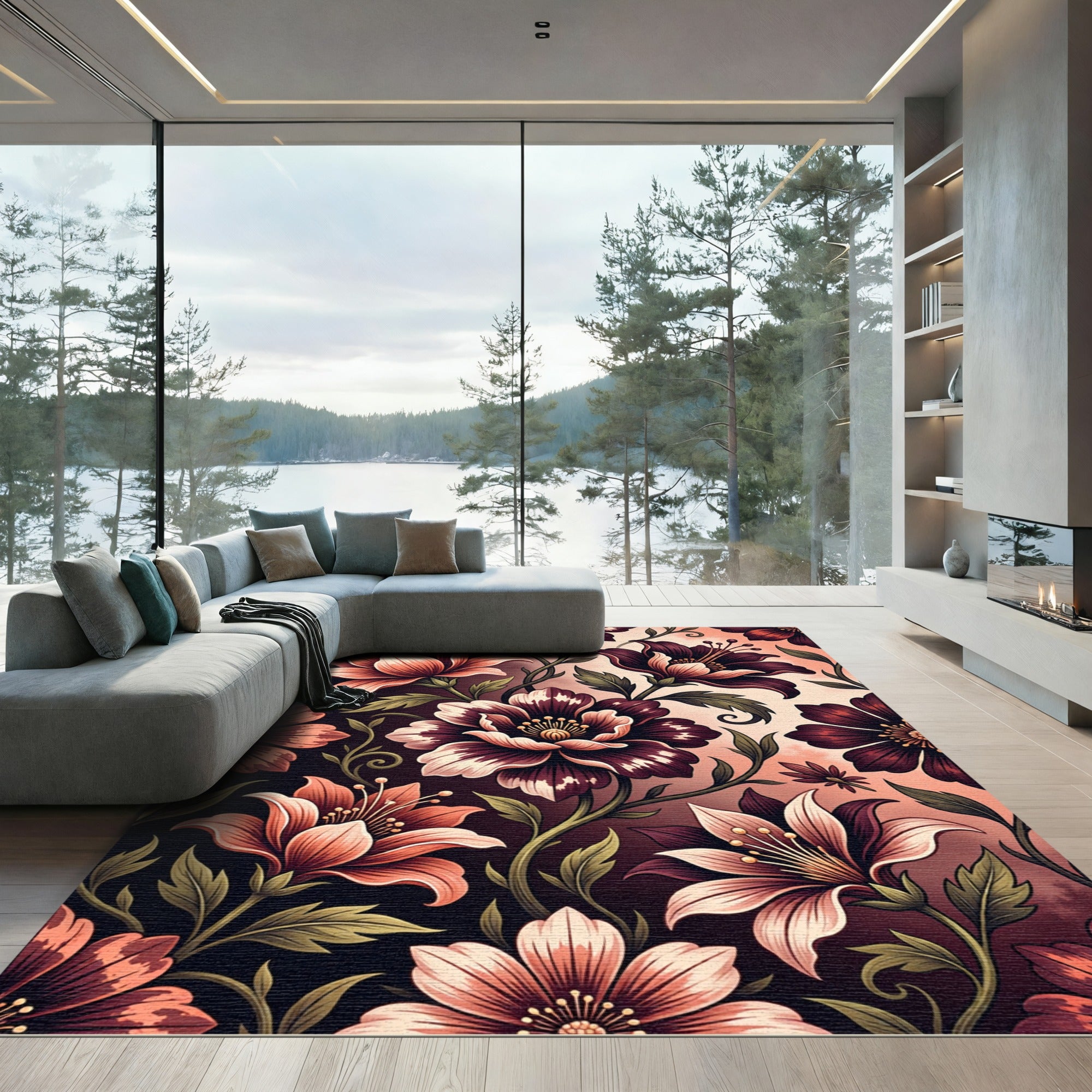 Crimson and Peach Floral Vine Rug