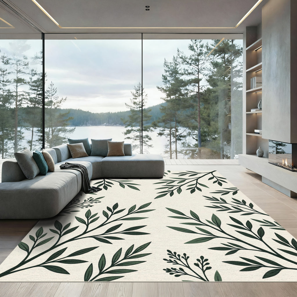 Lush Green Botanical Branch Earthy Rug