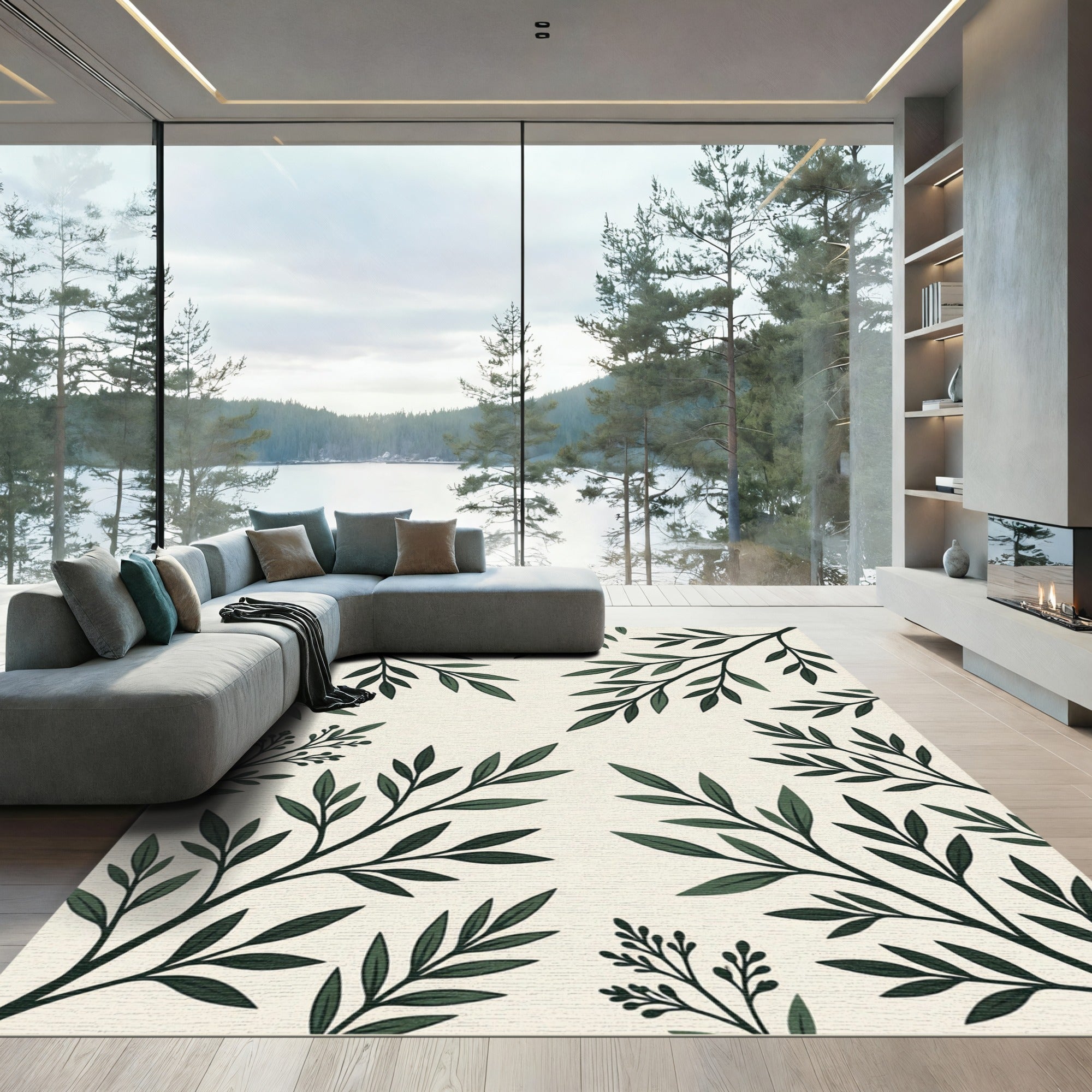 Lush Green Botanical Branch Earthy Rug