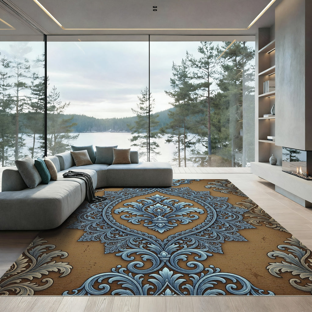 Elegant Blue Scrollwork Brown Damask Rug