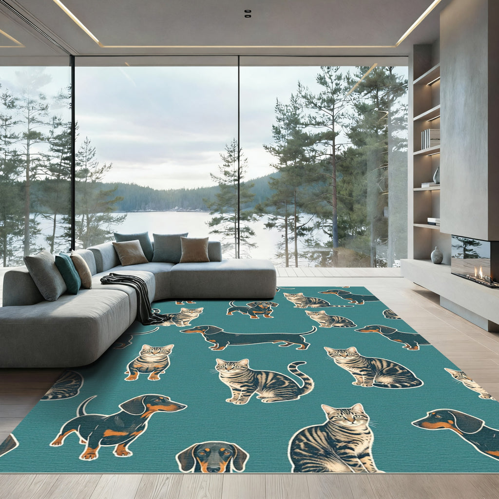 Whimsical Teal Dachshund and Tabby Cat Rug