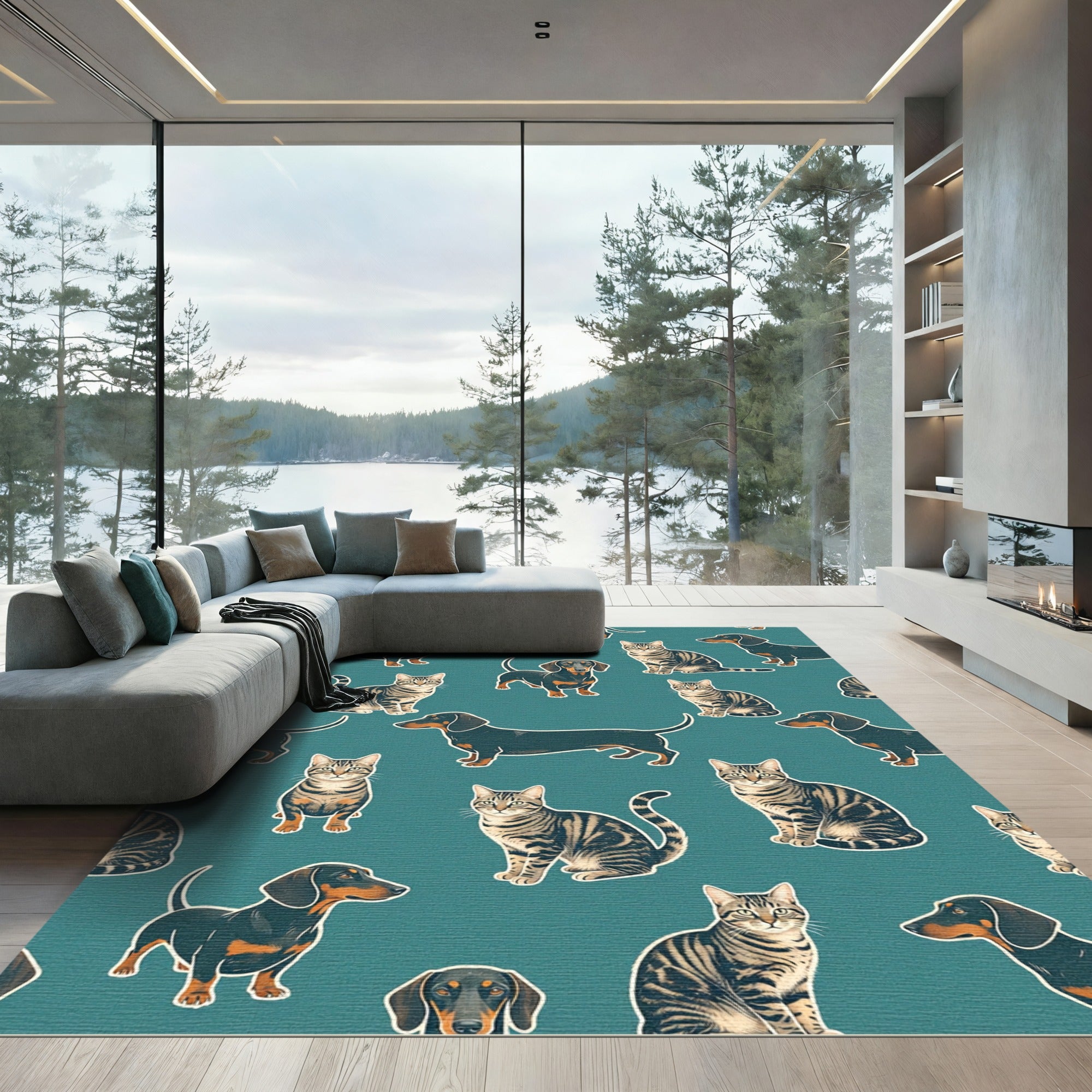 Whimsical Teal Dachshund and Tabby Cat Rug