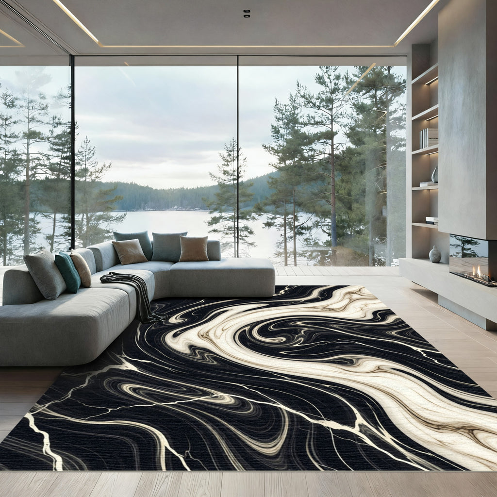 Modern Black and Cream Swirl Marble Rug