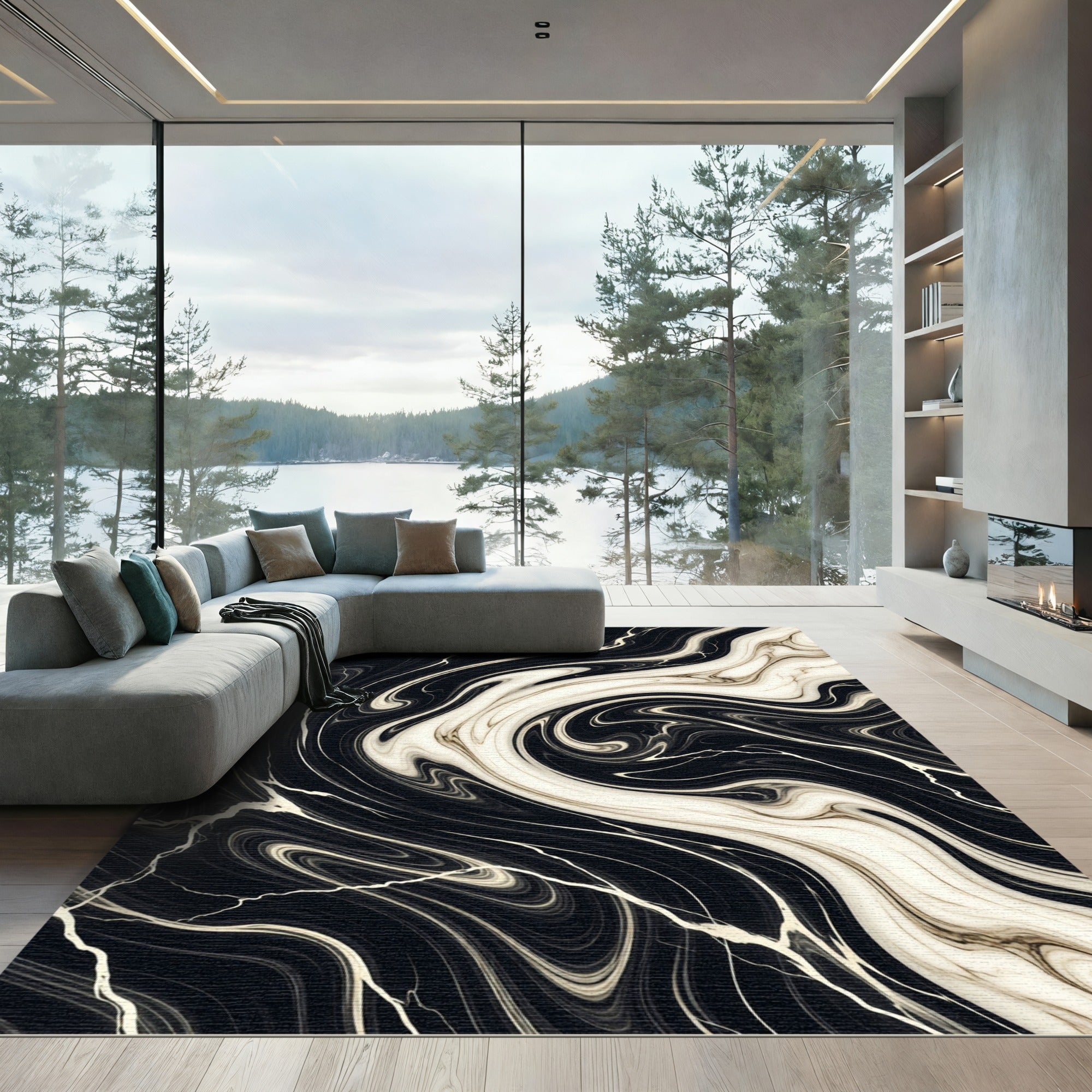 Modern Black and Cream Swirl Marble Rug