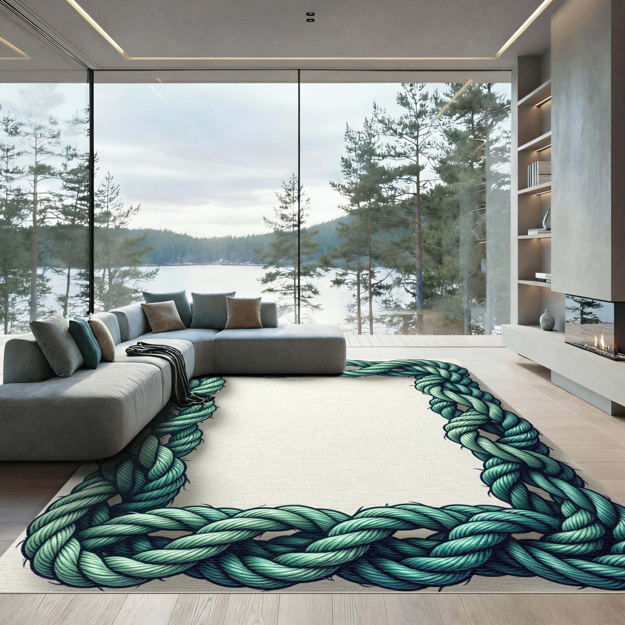 Coastal Green Braided Rope Frame Rug
