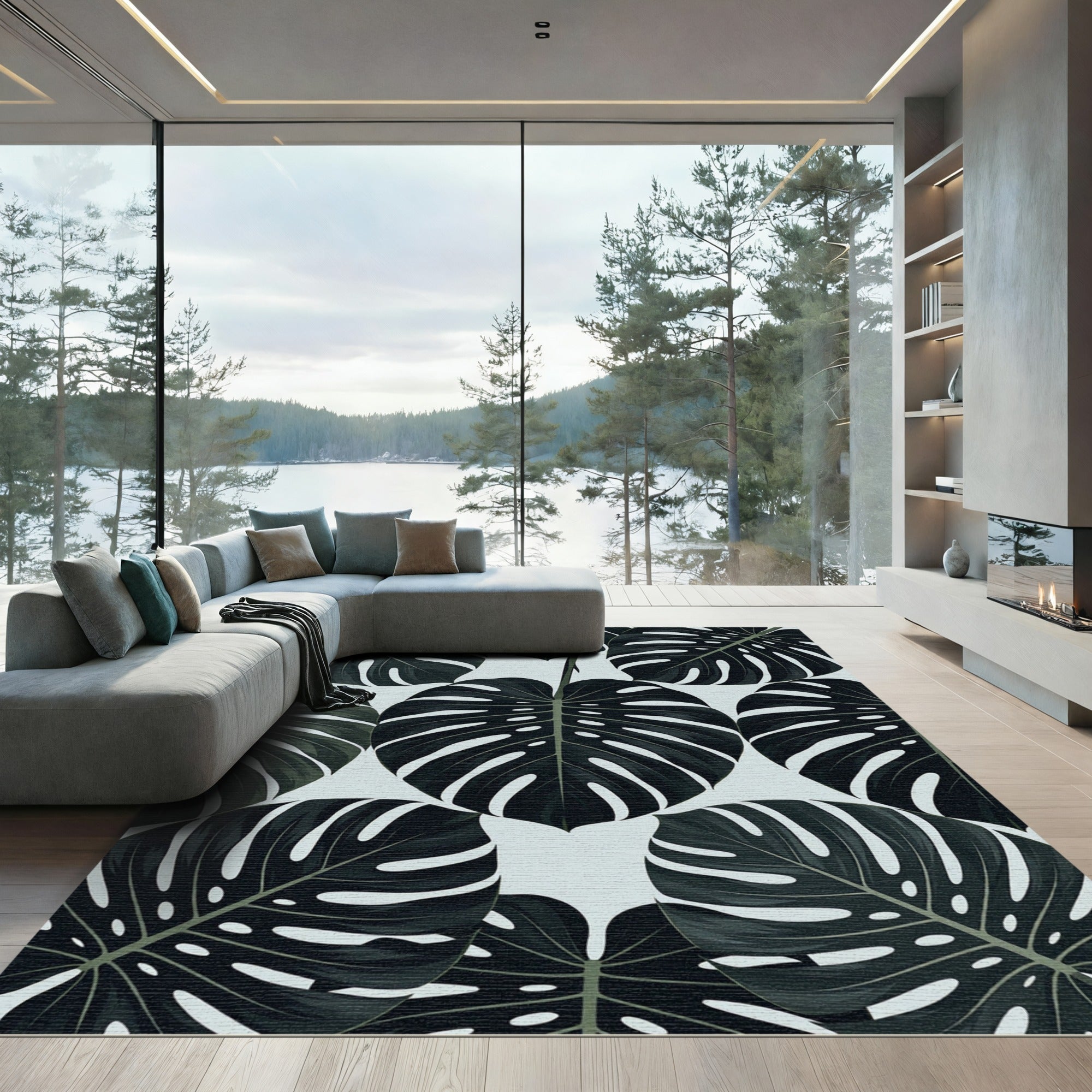 Dark Green Monstera Leaf Arrangement Rug