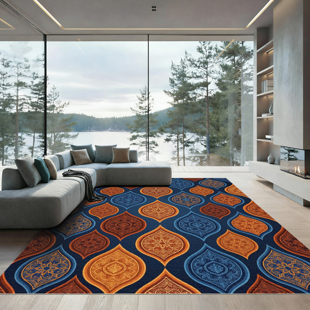 Ornate Navy and Copper Damask Medallion Rug