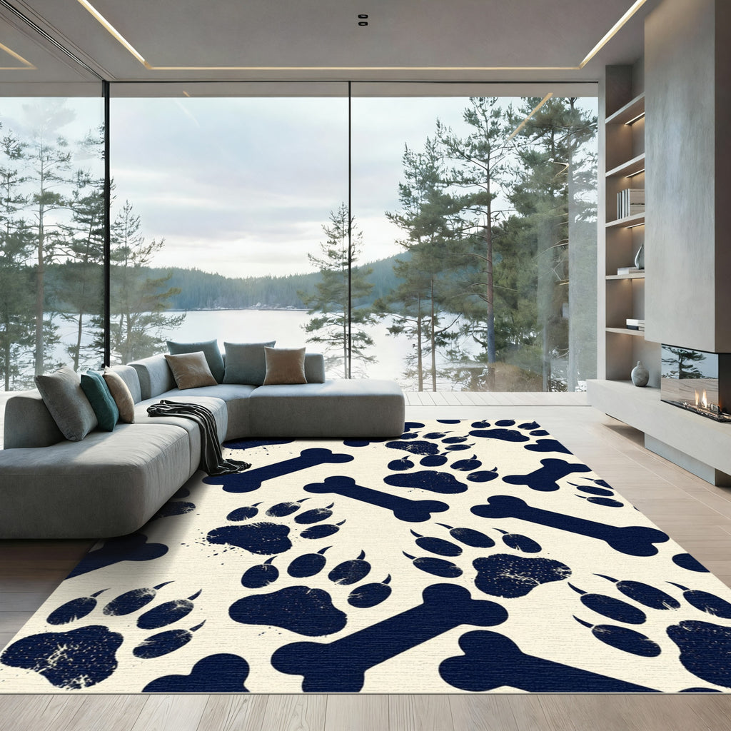 Navy Blue Paw Bone Animal Graphic Rug