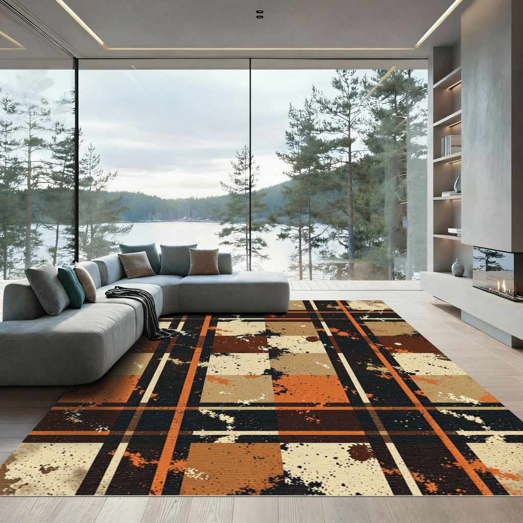 Earthy Orange and Brown Plaid Check Rug