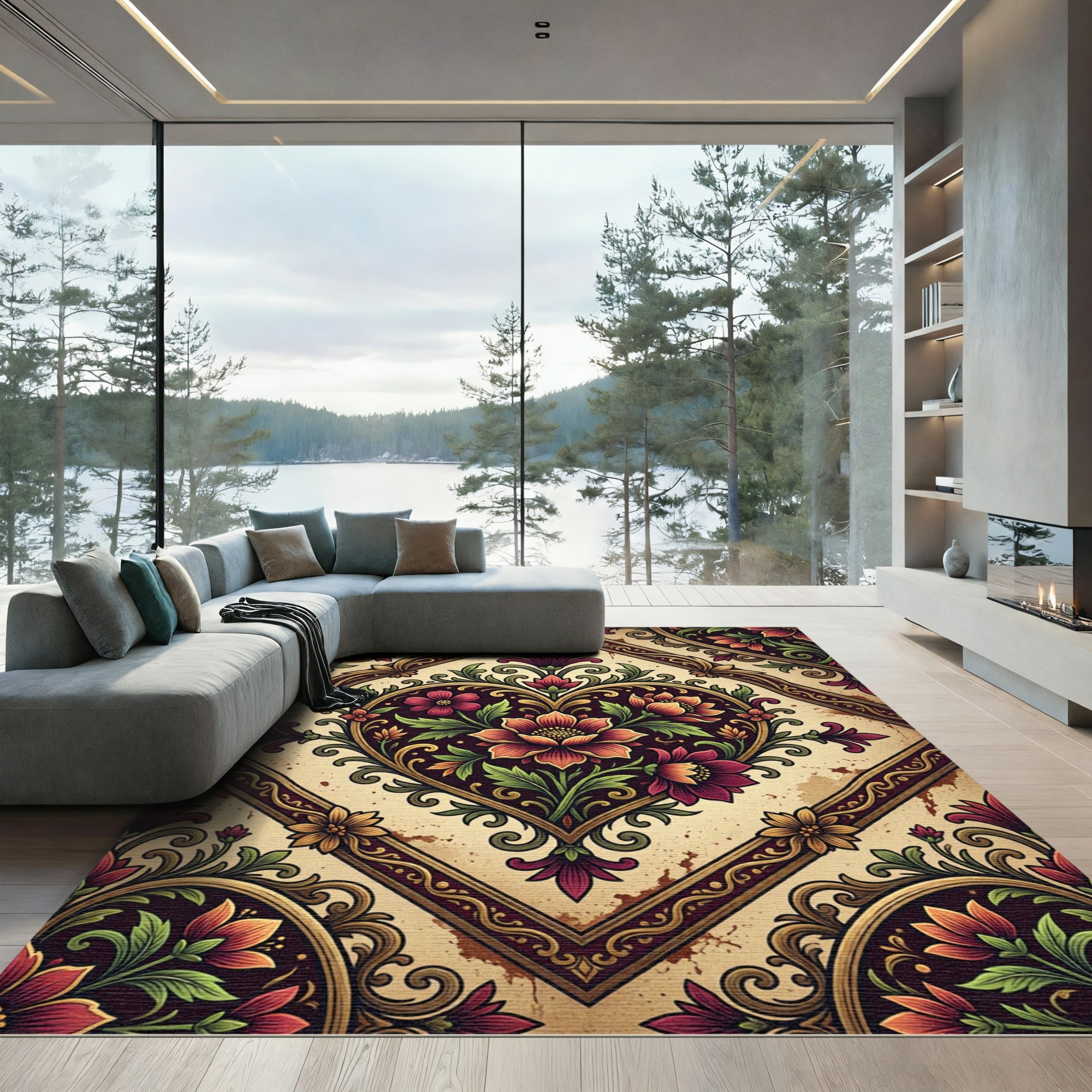 Crimson Laurel Heart Floral Medallion Rug