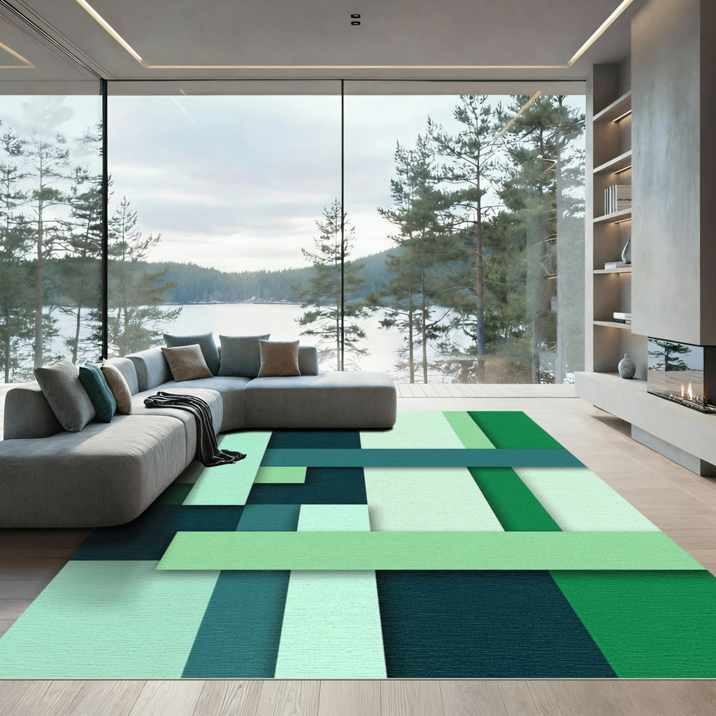 Modern Green Geometric Layered Striped Composition Rug