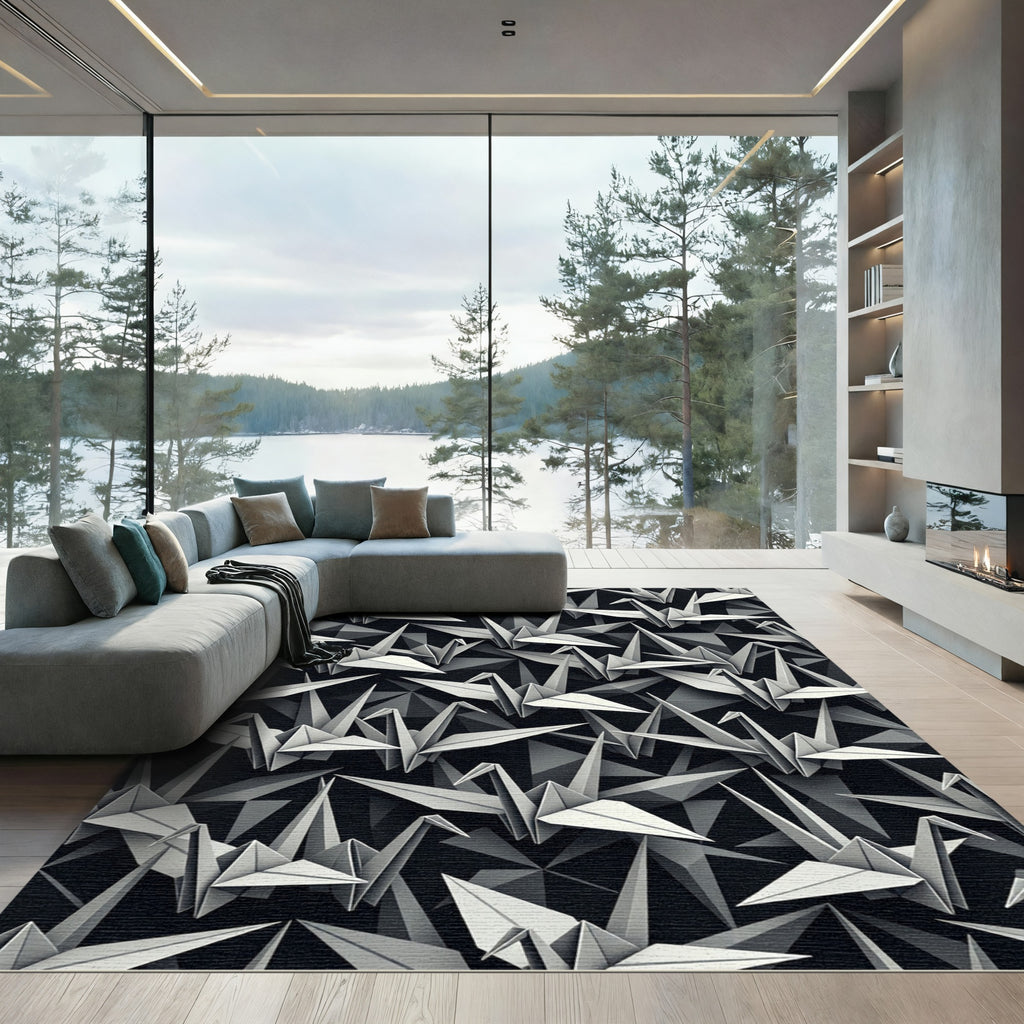 Monochromatic Origami Crane Repeating Pattern Rug