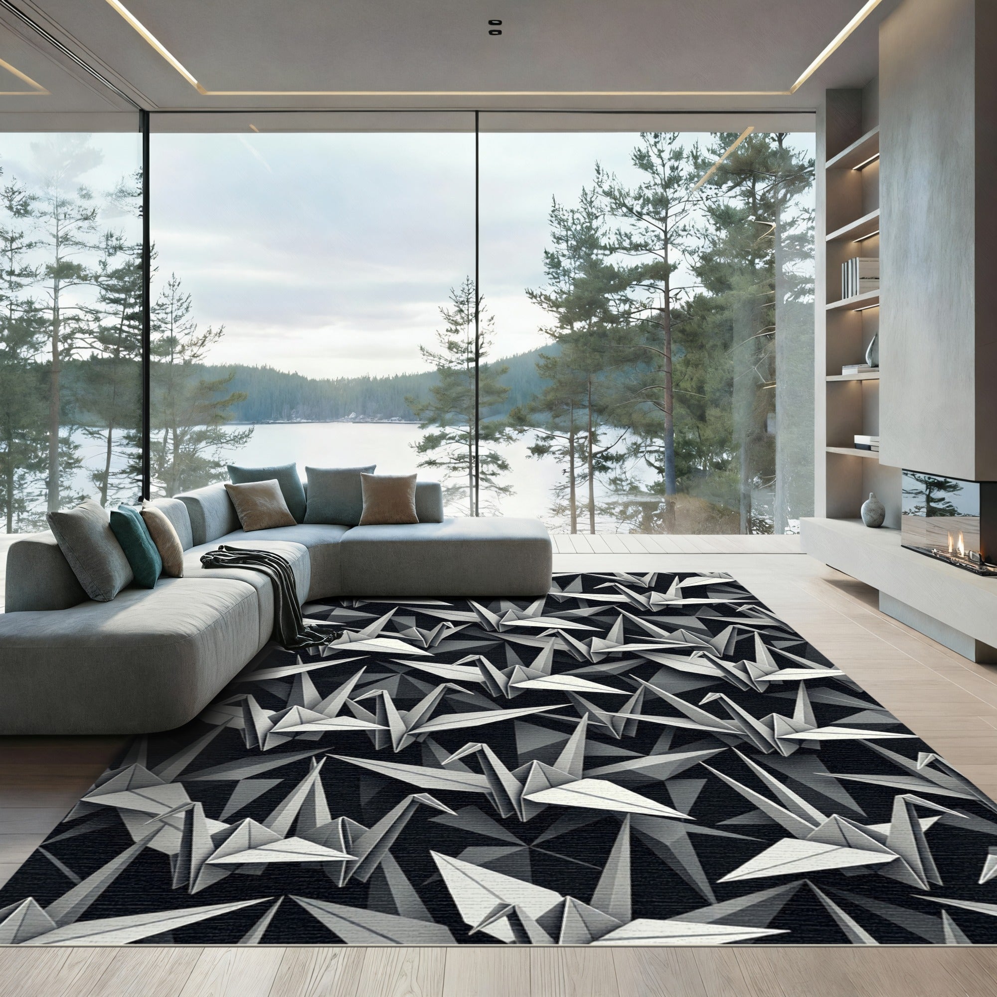 Monochromatic Origami Crane Repeating Pattern Rug