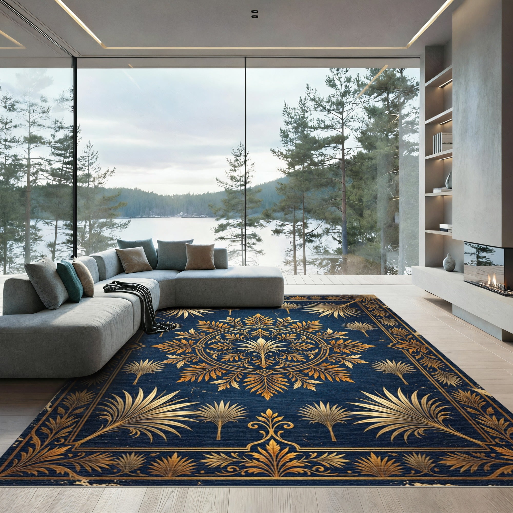 Elegant Navy and Gold Acanthus Medallion Rug