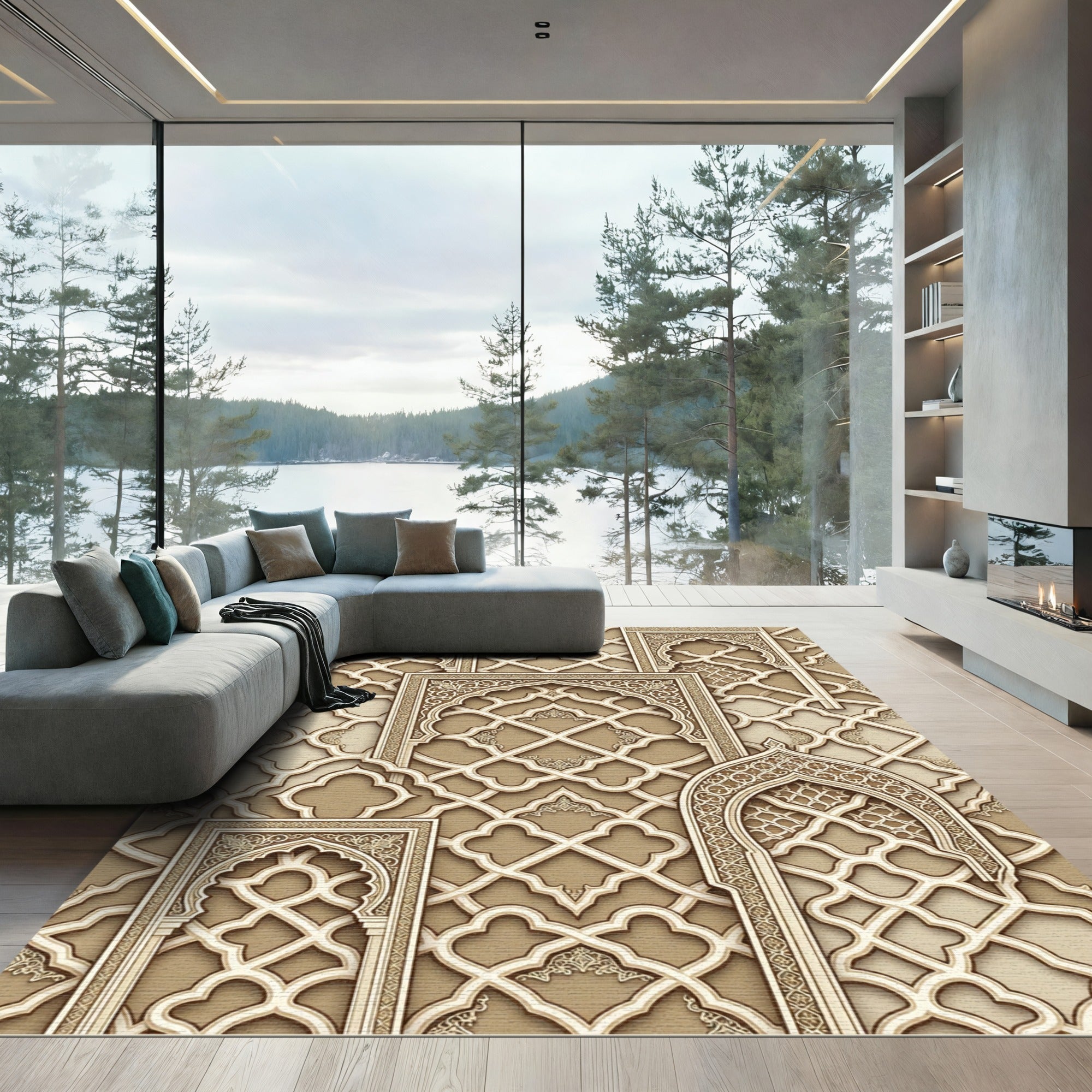 Elegant Beige Arched Lattice Geometric Art Rug