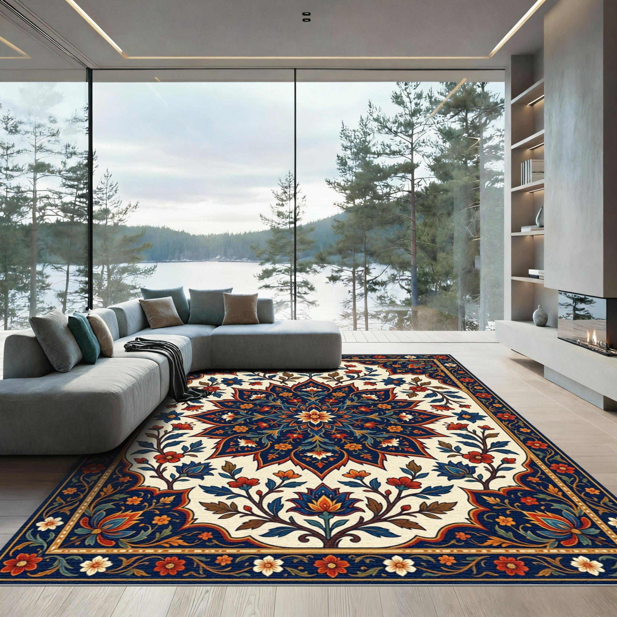 Deep Blue Floral Medallion Garden Rug