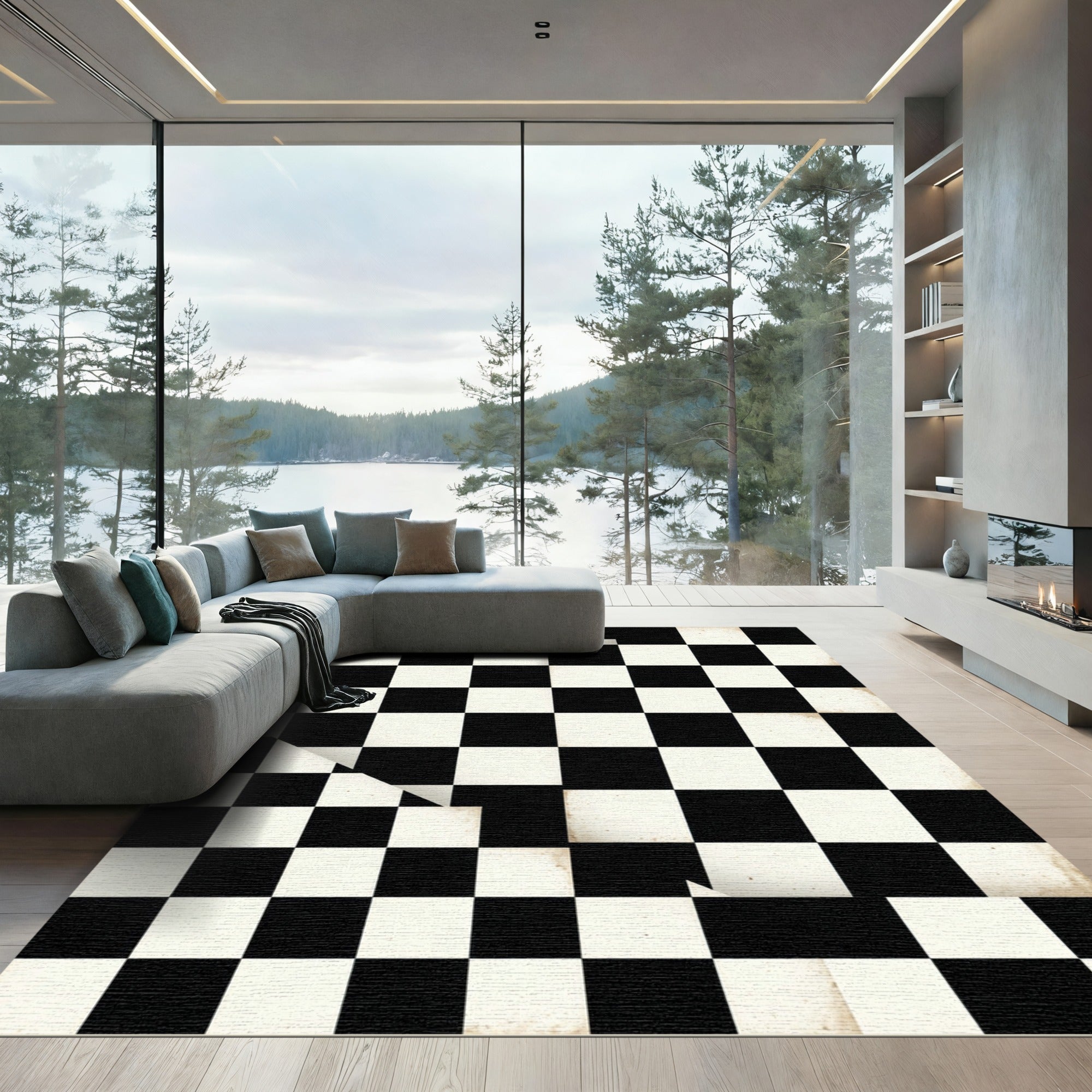Classic Monochrome Checked Distressed Tile Rug