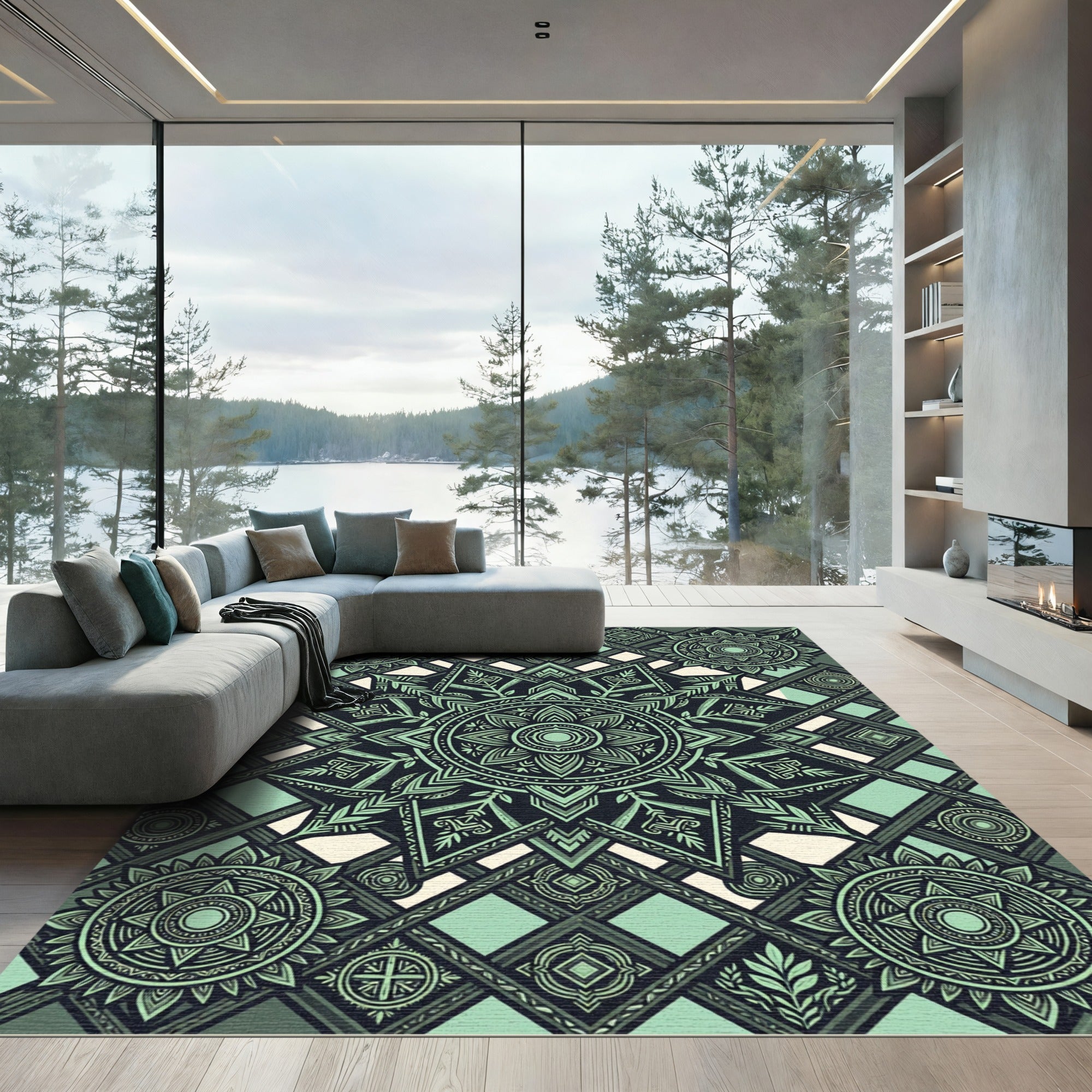 Green Mandala Geometric Sunburst Rug