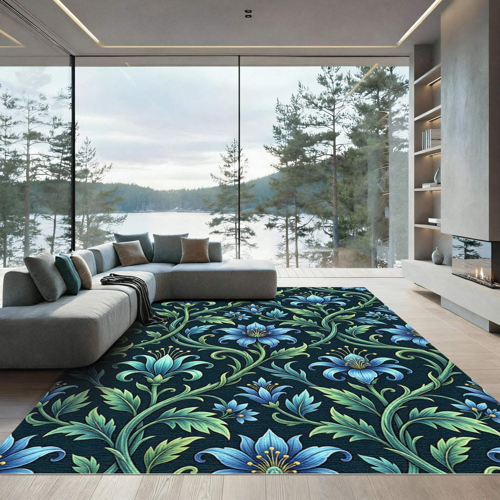 Elegant Blue Swirling Floral Botanical Rug
