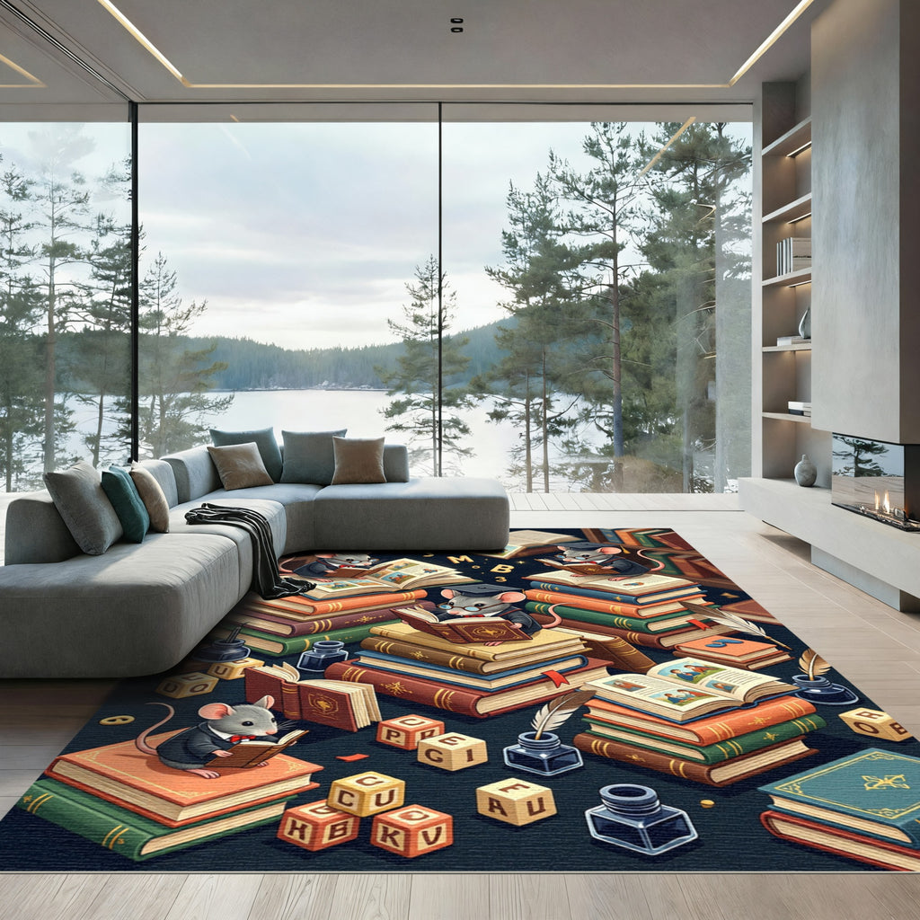 Whimsical Scholarly Mouse Library Illustration Rug