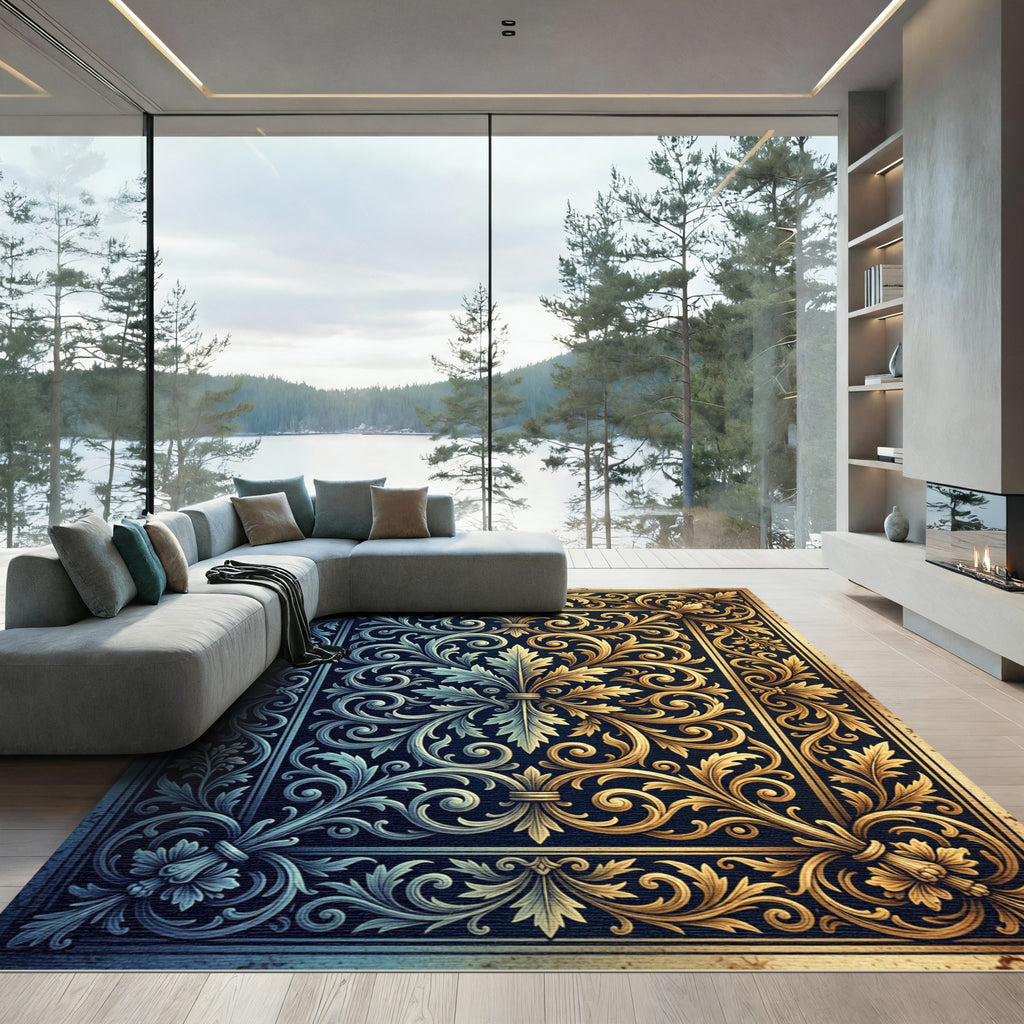 Golden and Azure Ornate Baroque Scroll Rug