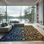 Golden and Azure Ornate Baroque Scroll Rug