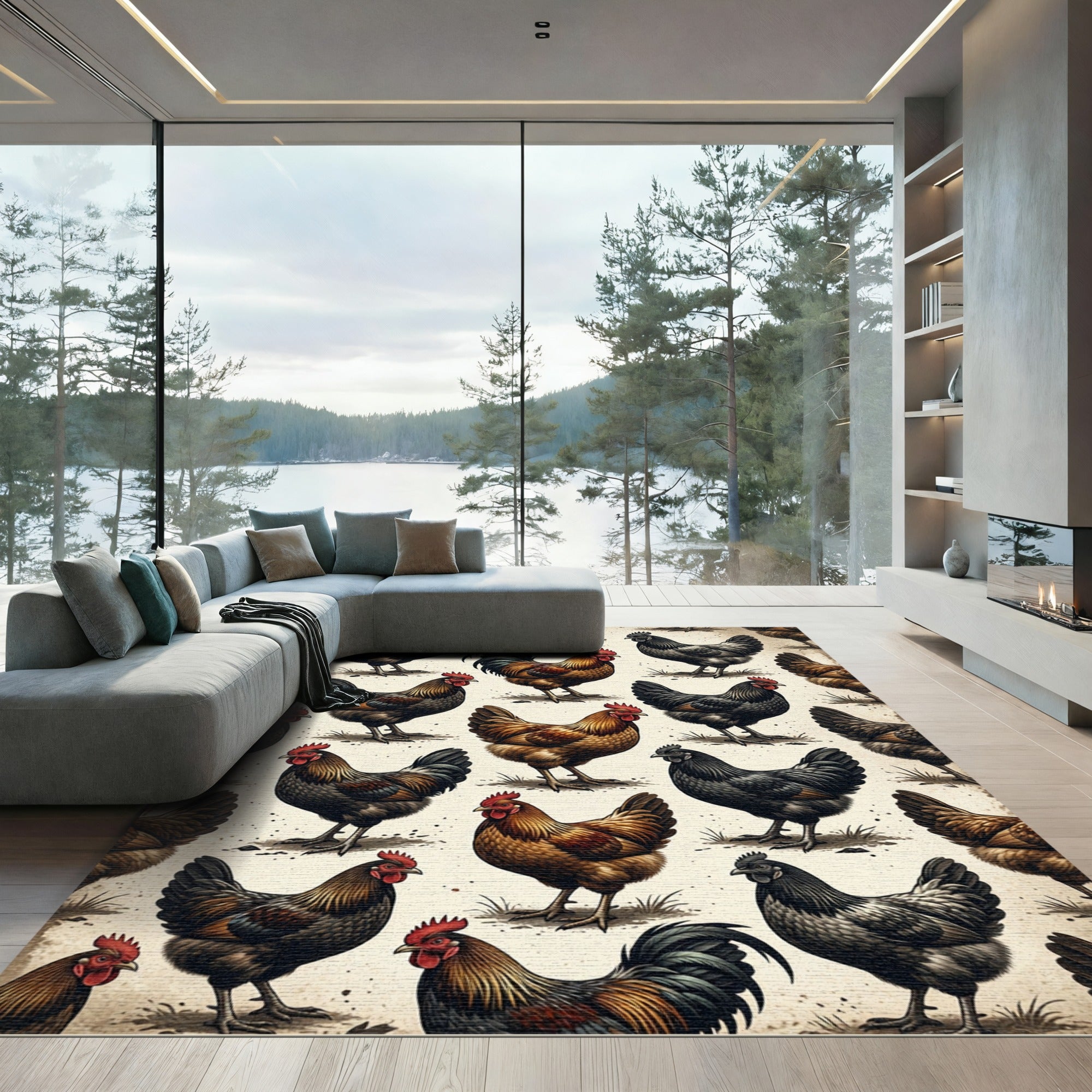 Rustic Farmhouse Rooster Chicken Folk Art Rug