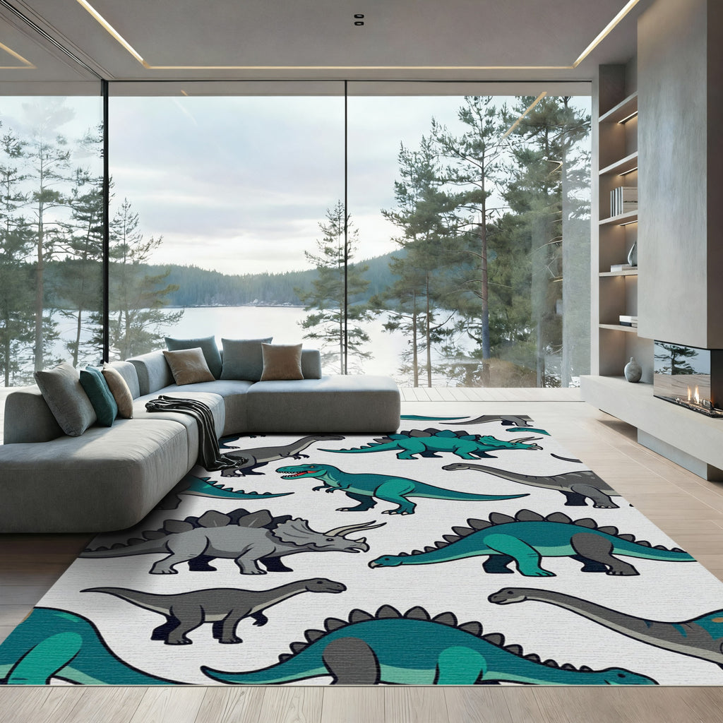 Playful Teal Gray Dinosaur Kids Rug