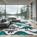 Playful Teal Gray Dinosaur Kids Rug