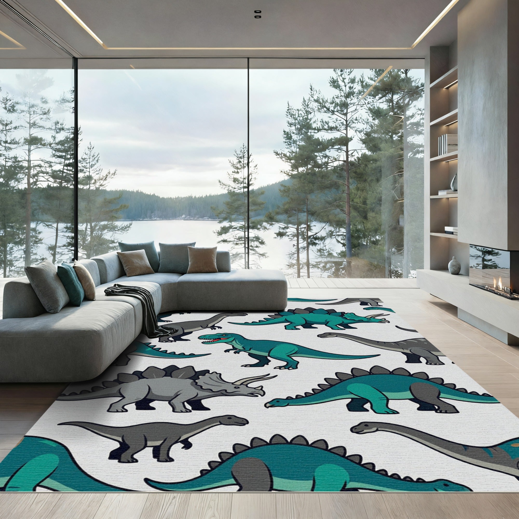 Playful Teal Gray Dinosaur Kids Rug