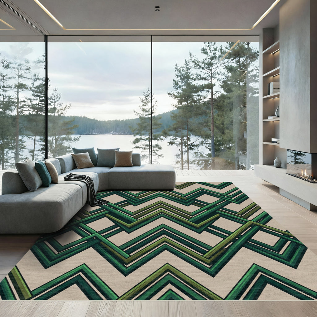 Modern Geometric Emerald Chevron Weave Rug