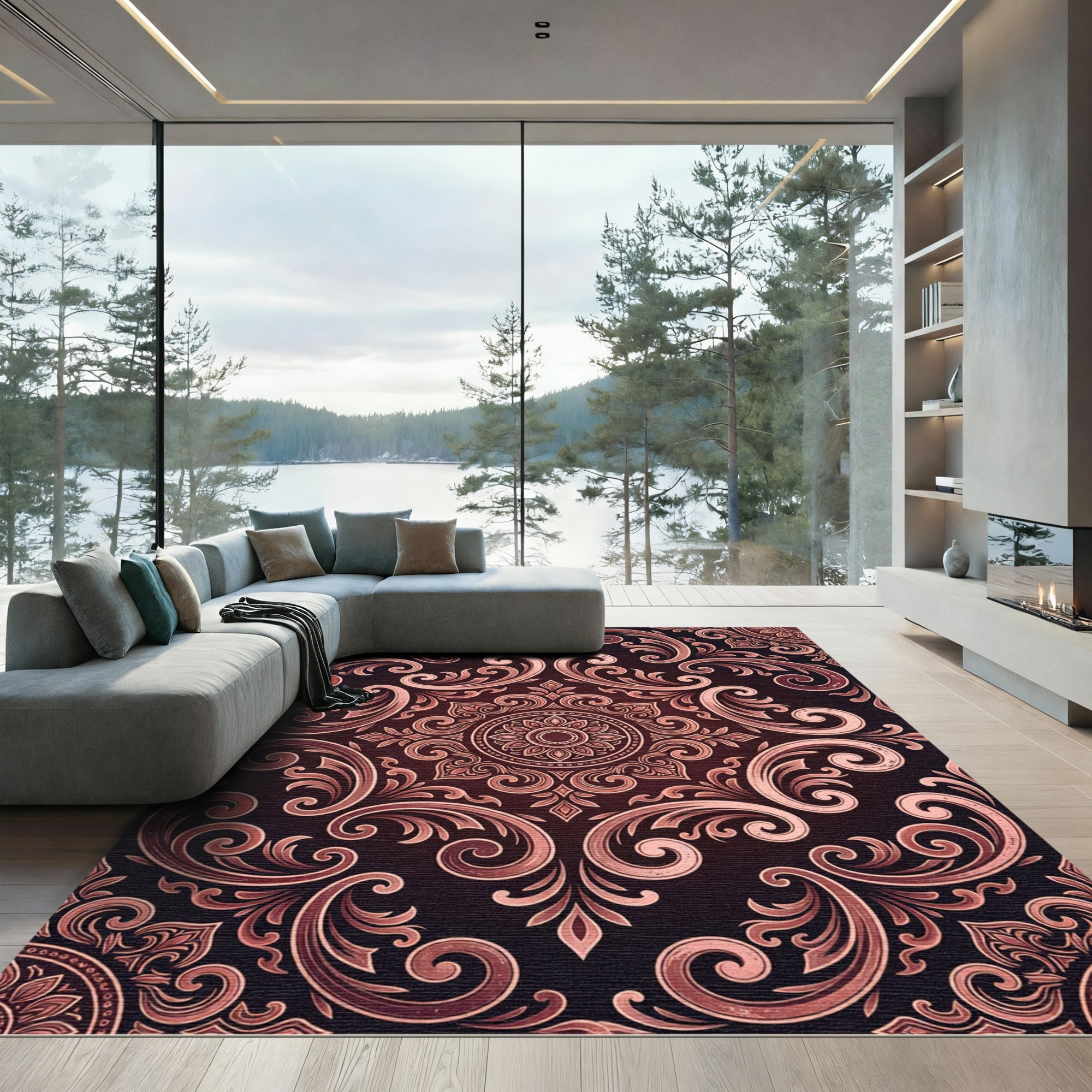 Elegant Copper Damask Scroll Medallion Rug