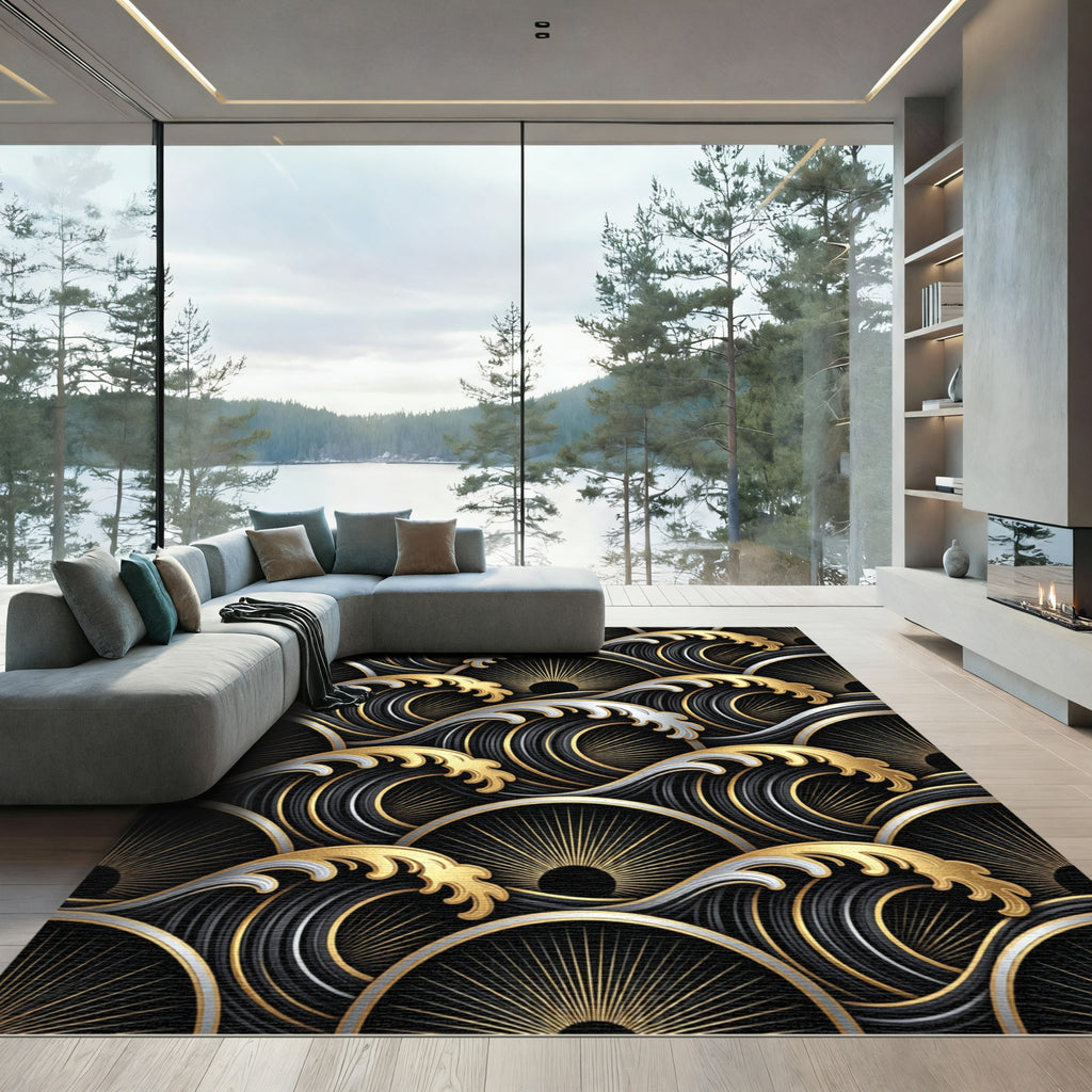 Black Gold Wave Sunburst Rug