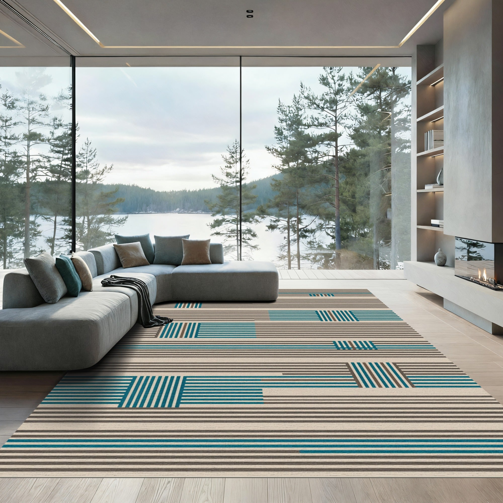 Modern Teal Geometric Stripes Rug