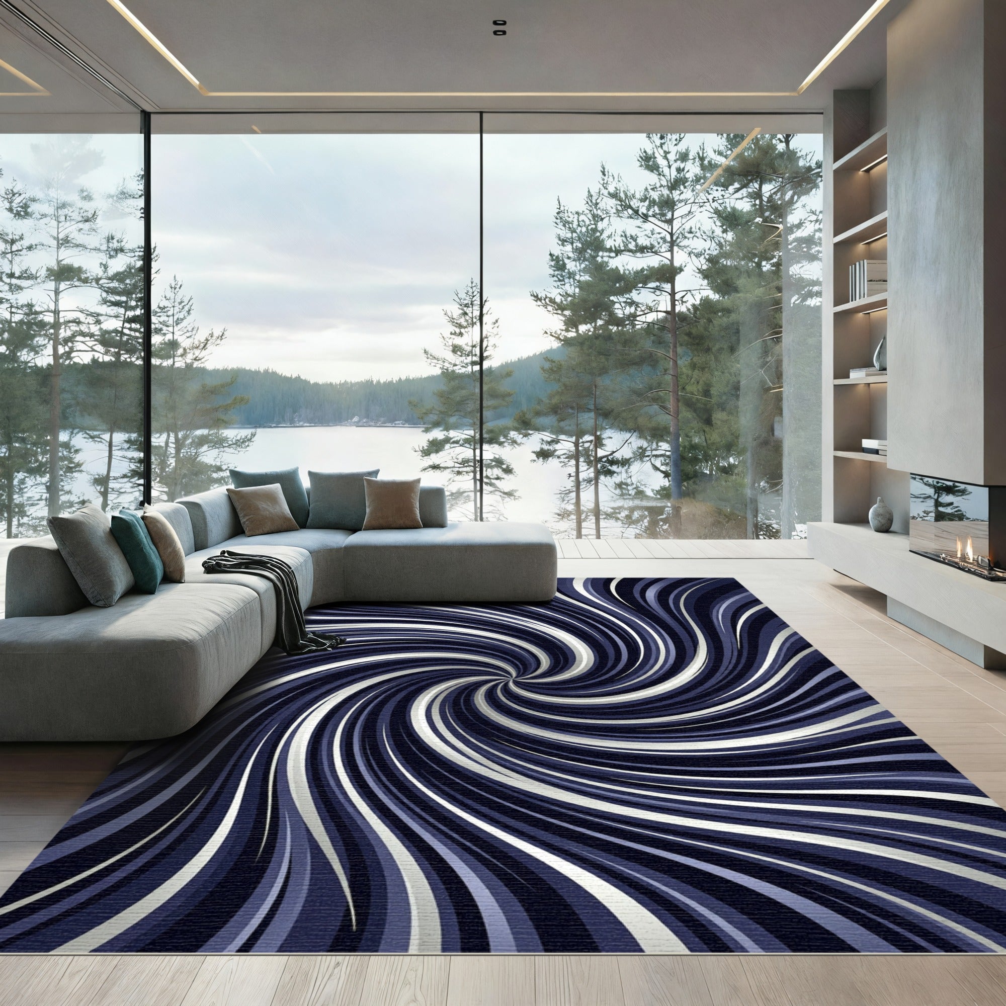 Modern Navy and Silver Spiral Vortex Rug