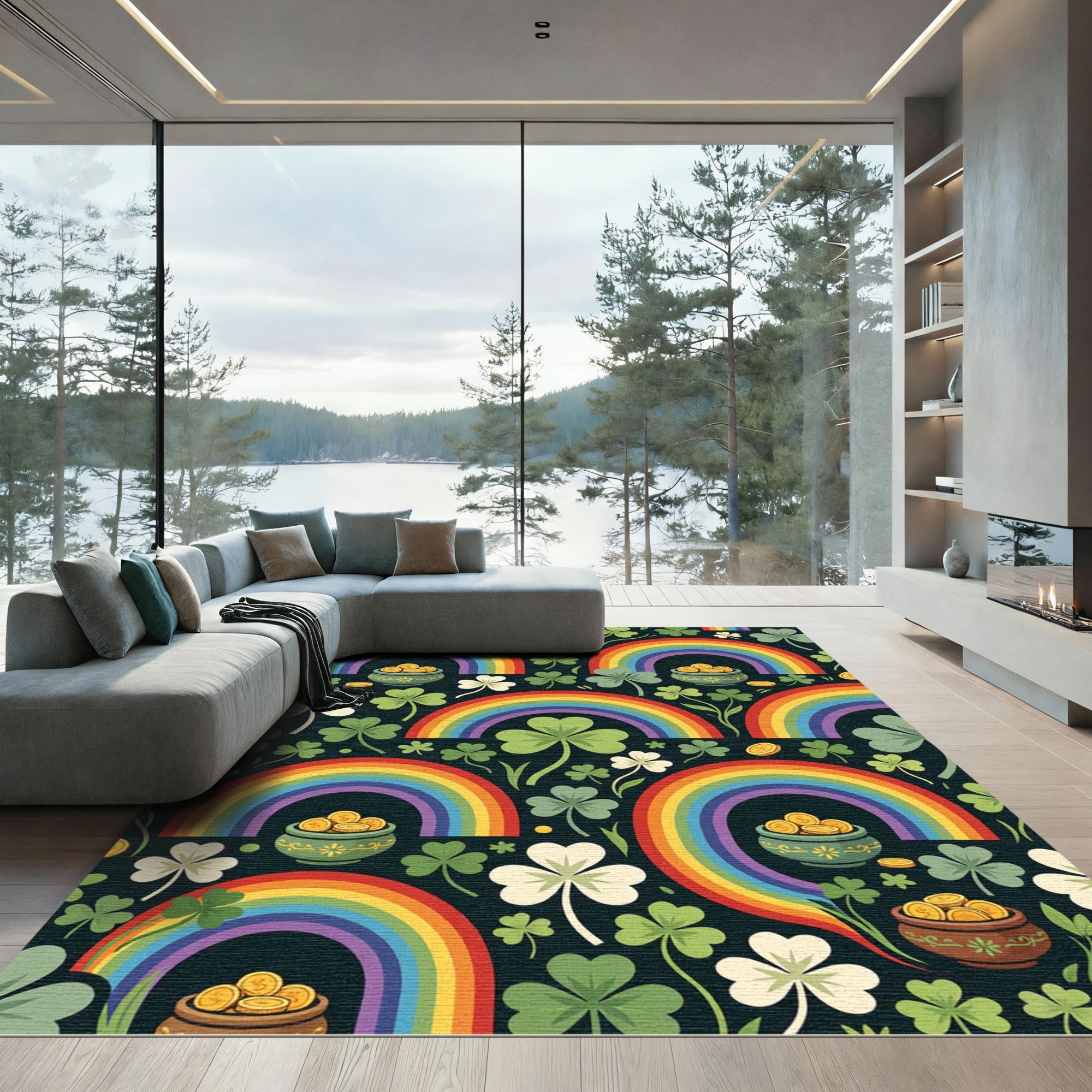 Whimsical Lucky Clover Rainbow Gold Pot Rug