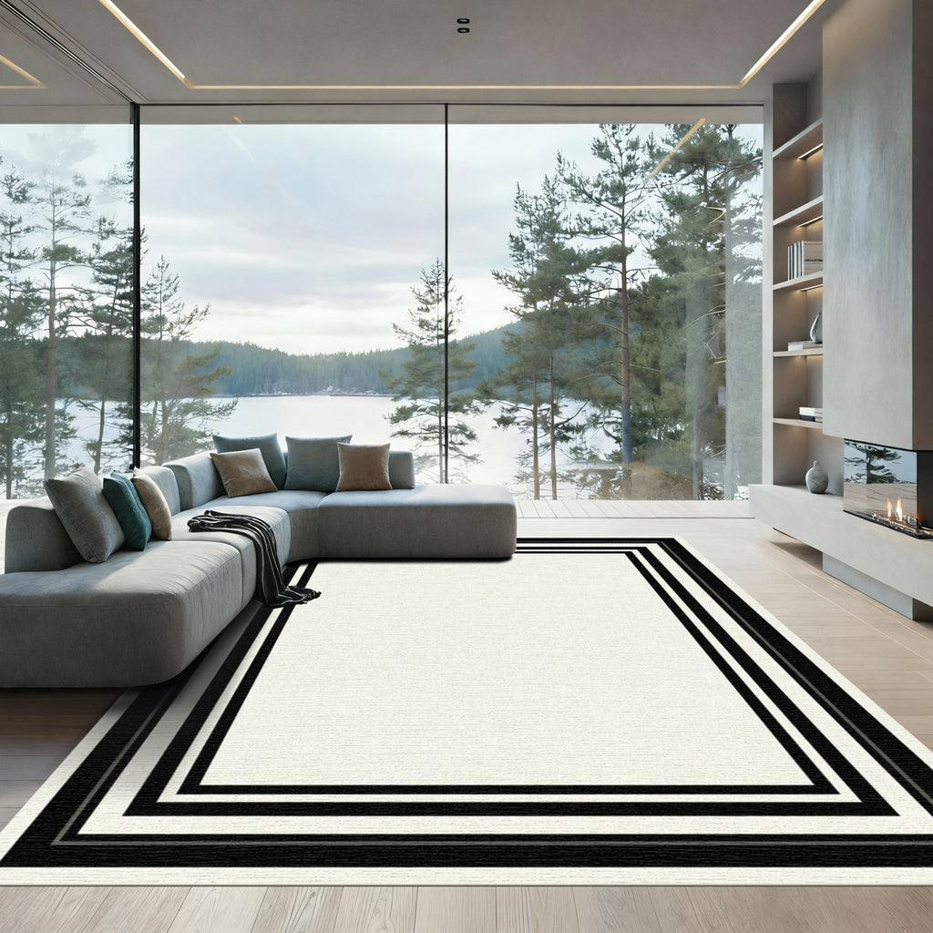 Modern Black and White Striped Border Rug