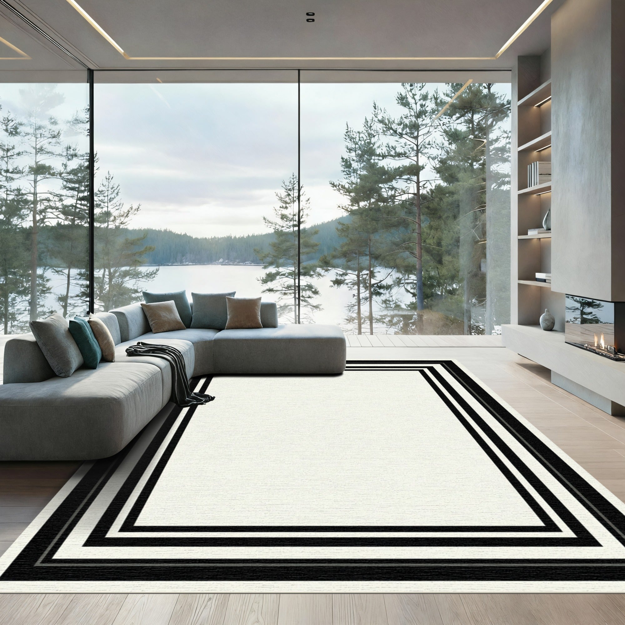 Modern Black and White Striped Border Rug